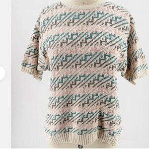 Vtg JH Collectibles Cream Aqua Grey & Pink Silk Blend Aztec Knit Sweater Top M